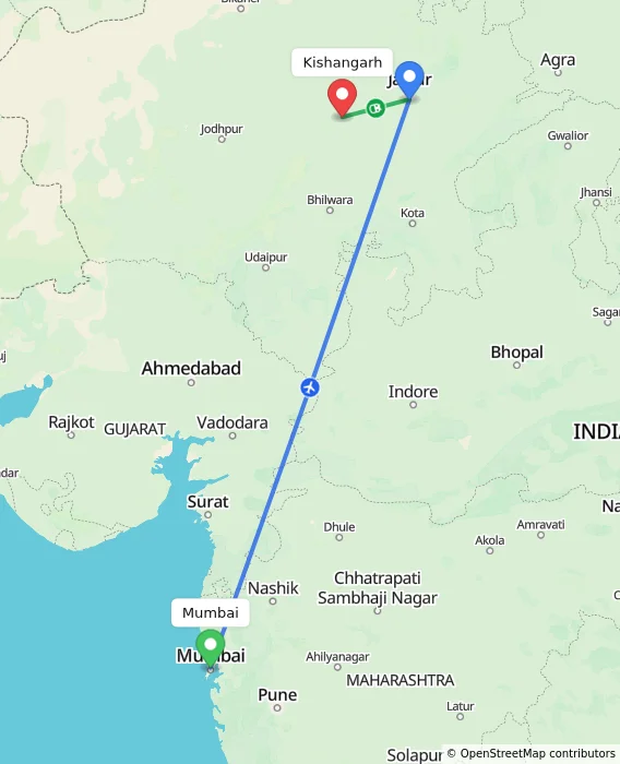 Route map showing distance and travel time from Mumbai, India to Kishangarh, India