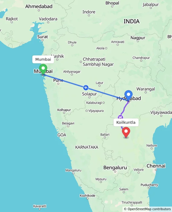 Route map showing distance and travel time from Mumbai, India to Koilkuntla, India