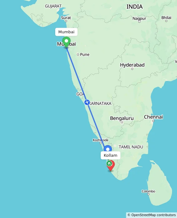 Route map showing distance and travel time from Mumbai, India to Kollam, India