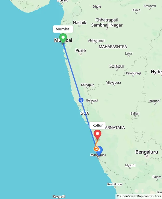 Route map showing distance and travel time from Mumbai, India to Kollur, India