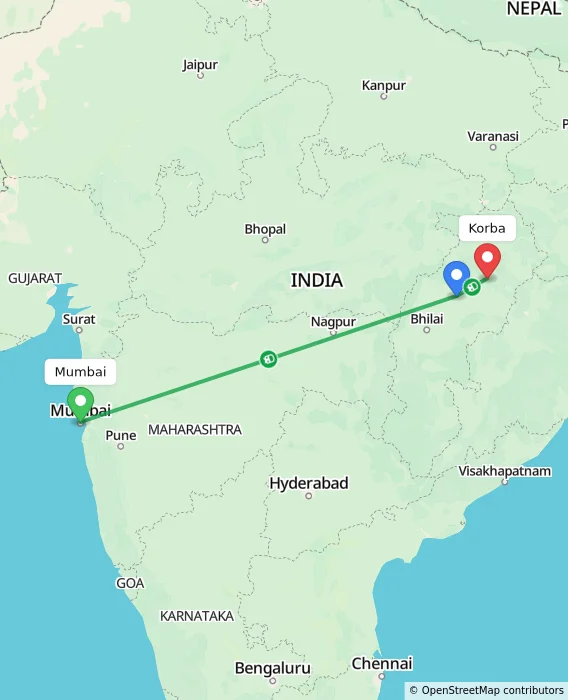 Route map showing distance and travel time from Mumbai, India to Korba, India