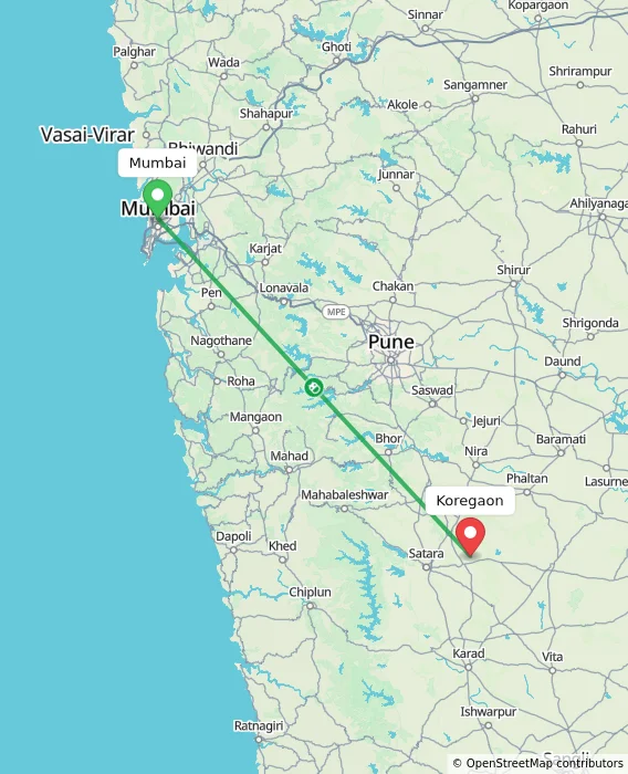 Route map showing distance and travel time from Mumbai, India to Koregaon, India