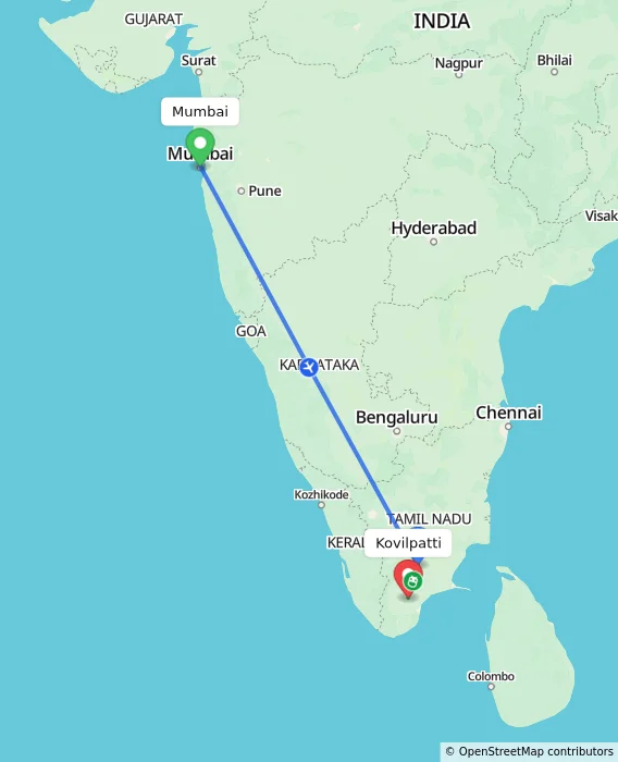 Route map showing distance and travel time from Mumbai, India to Kovilpatti, India