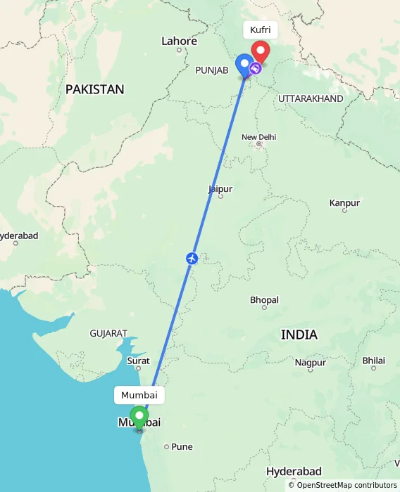 Route map showing distance and travel time from Mumbai, India to Kufri, India