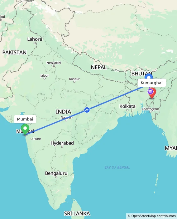 Route map showing distance and travel time from Mumbai, India to Kumarghat, India