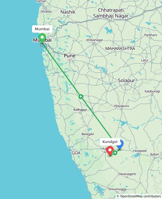 Route map showing distance and travel time from Mumbai, India to Kundgol, India