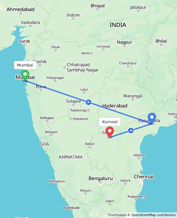 Route map showing distance and travel time from Mumbai, India to Kurnool, India