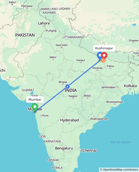 Route map showing distance and travel time from Mumbai, India to Kushinagar, India