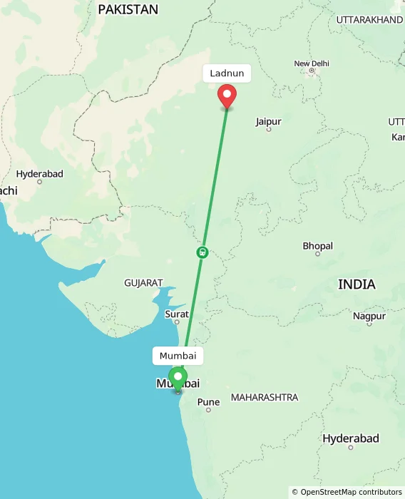 Route map showing distance and travel time from Mumbai, India to Ladnun, India