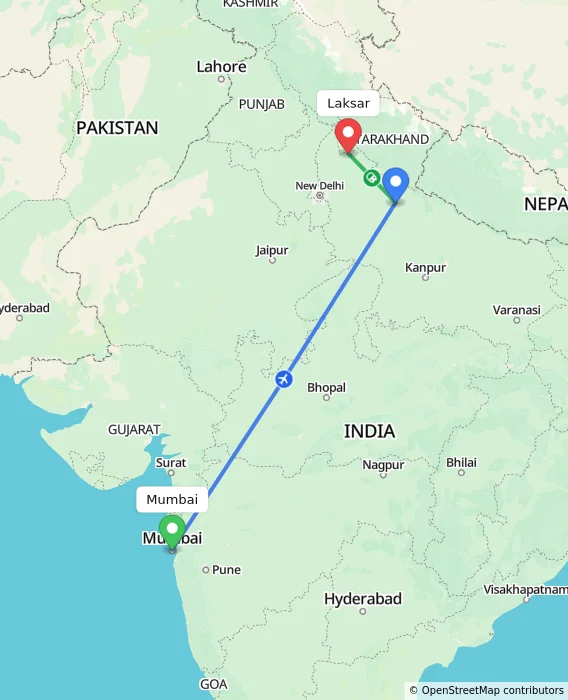 Route map showing distance and travel time from Mumbai, India to Laksar, India