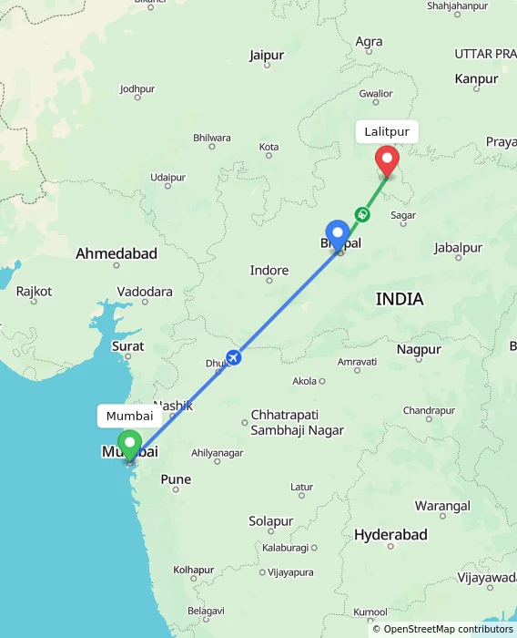 Route map showing distance and travel time from Mumbai, India to Lalitpur, India