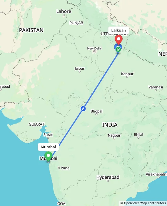 Route map showing distance and travel time from Mumbai, India to Lalkuan, India