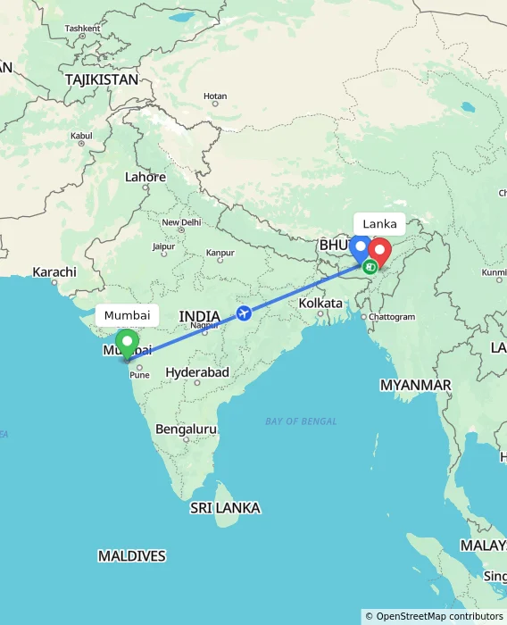 Route map showing distance and travel time from Mumbai, India to Lanka, India
