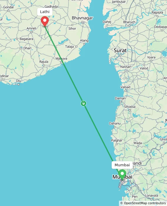 Route map showing distance and travel time from Mumbai, India to Lathi, India