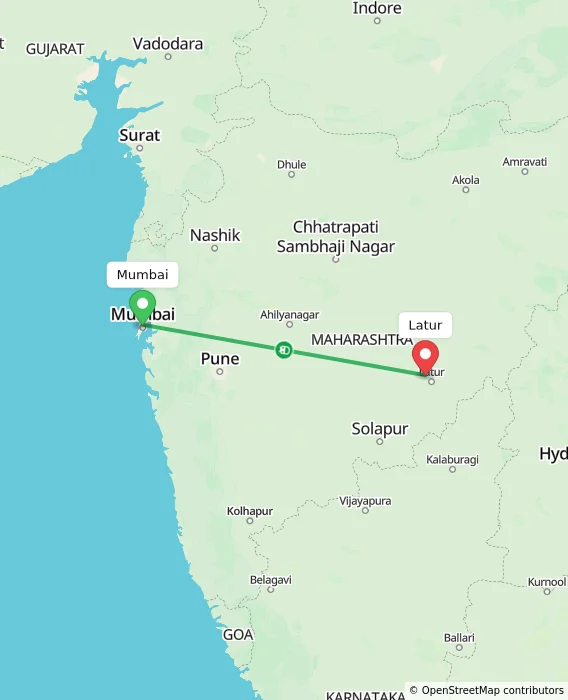 Route map showing distance and travel time from Mumbai, India to Latur, India