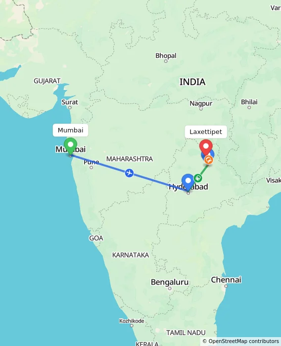 Route map showing distance and travel time from Mumbai, India to Laxettipet, India