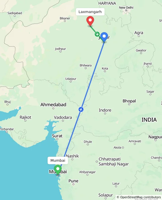 Route map showing distance and travel time from Mumbai, India to Laxmangarh, India