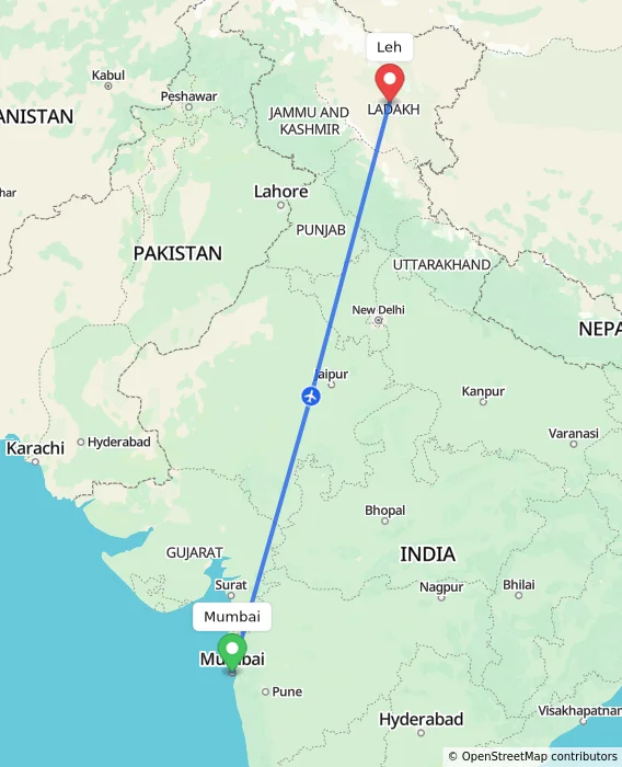 Route map showing distance and travel time from Mumbai, India to Leh, India