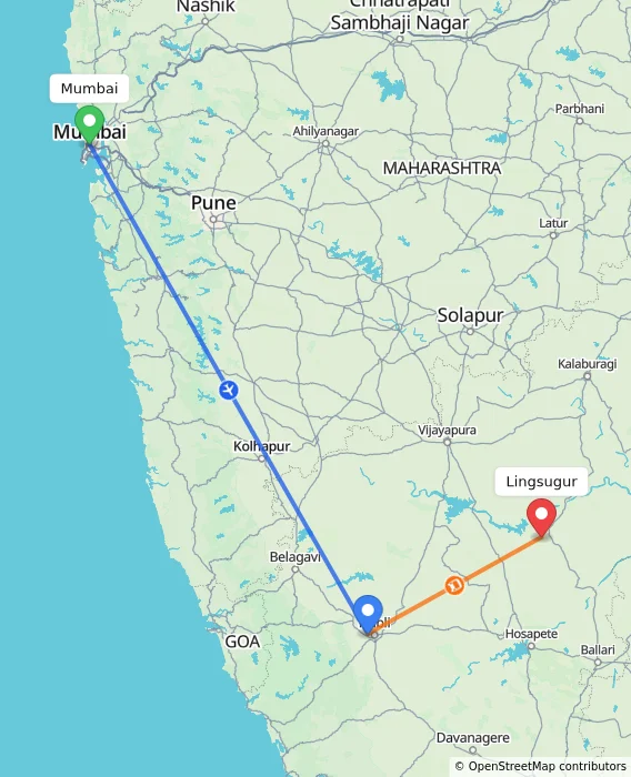 Route map showing distance and travel time from Mumbai, India to Lingsugur, India