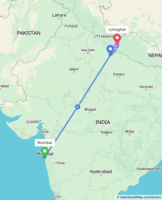 Route map showing distance and travel time from Mumbai, India to Lohaghat, India