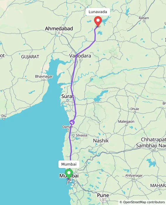 Route map showing distance and travel time from Mumbai, India to Lunavada, India