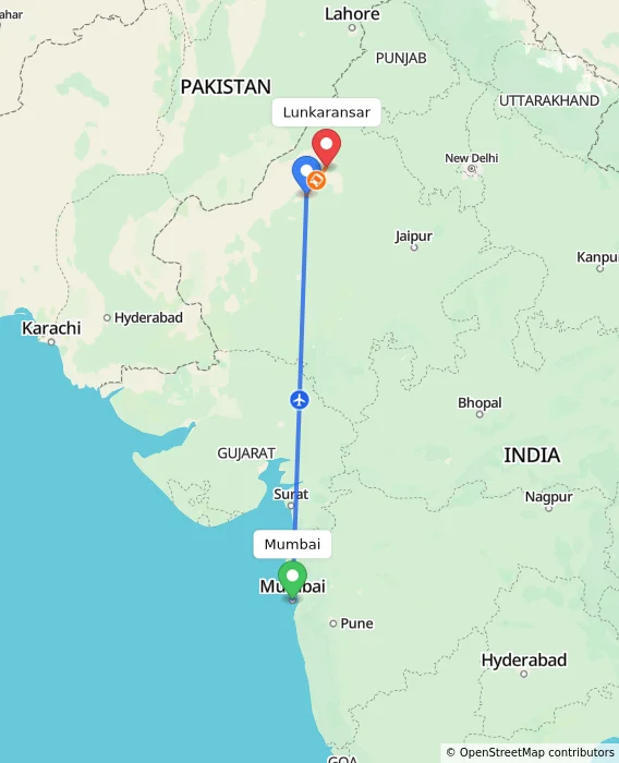 Route map showing distance and travel time from Mumbai, India to Lunkaransar, India