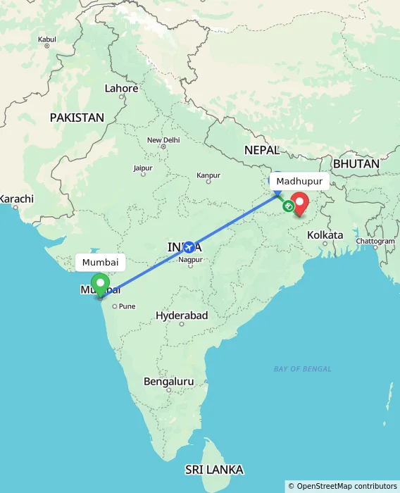 Route map showing distance and travel time from Mumbai, India to Madhupur, India