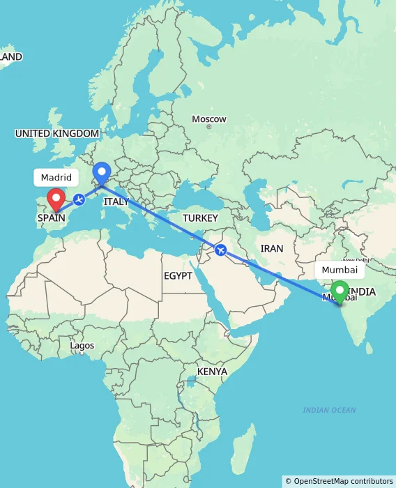 Route map showing distance and travel time from Mumbai, India to Madrid, Spain