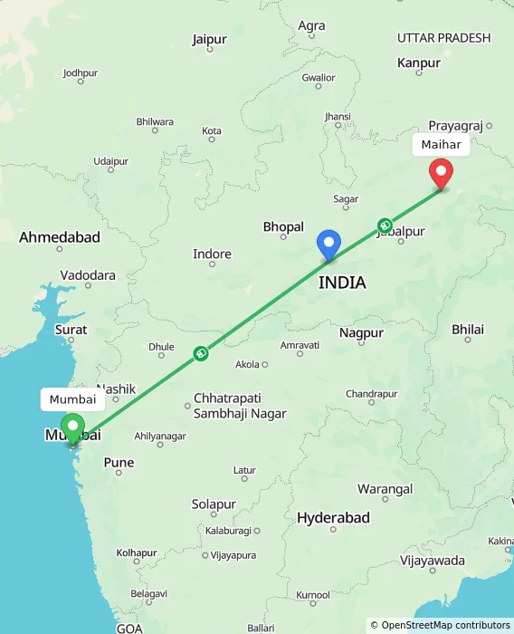 Route map showing distance and travel time from Mumbai, India to Maihar, India