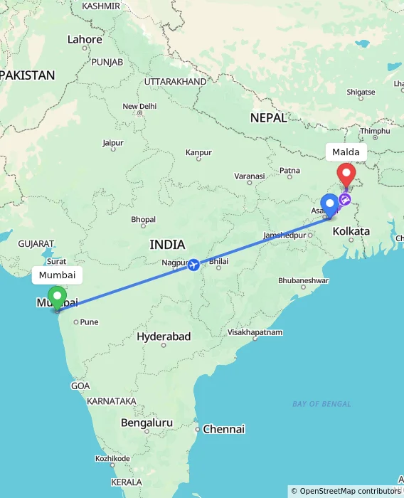 Route map showing distance and travel time from Mumbai, India to Malda, India
