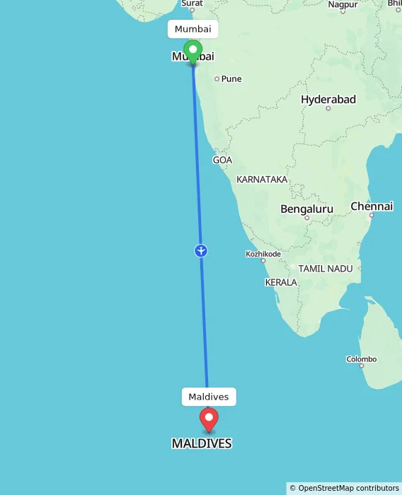 Route map showing distance and travel time from Mumbai, India to Maldives, Maldives
