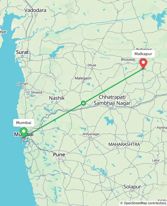 Route map showing distance and travel time from Mumbai, India to Malkapur, India
