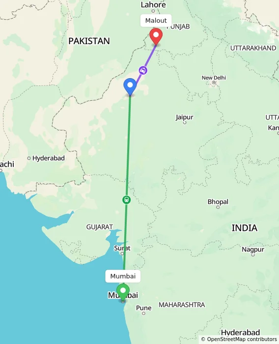 Route map showing distance and travel time from Mumbai, India to Malout, India