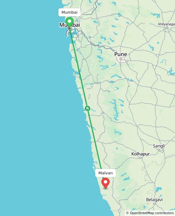 Route map showing distance and travel time from Mumbai, India to Malvan, India