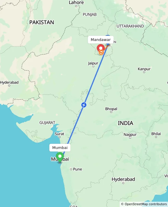 Route map showing distance and travel time from Mumbai, India to Mandawar, India