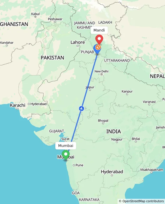 Route map showing distance and travel time from Mumbai, India to Mandi, India