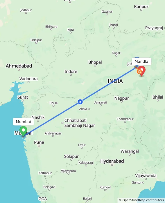 Route map showing distance and travel time from Mumbai, India to Mandla, India