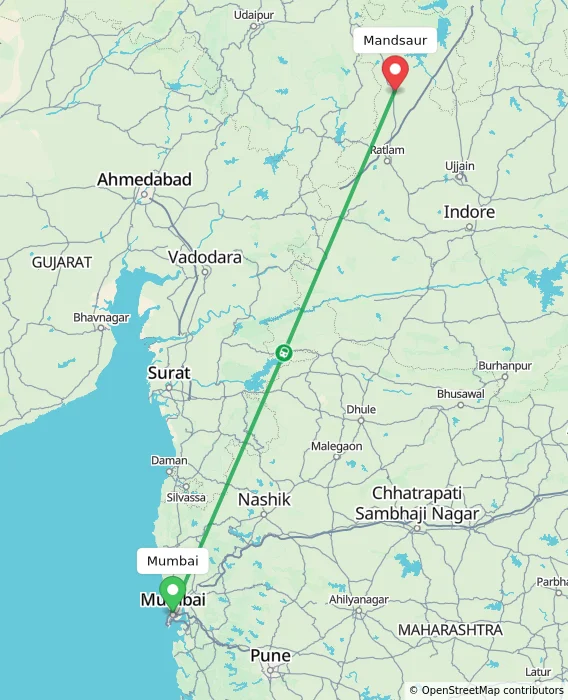 Route map showing distance and travel time from Mumbai, India to Mandsaur, India