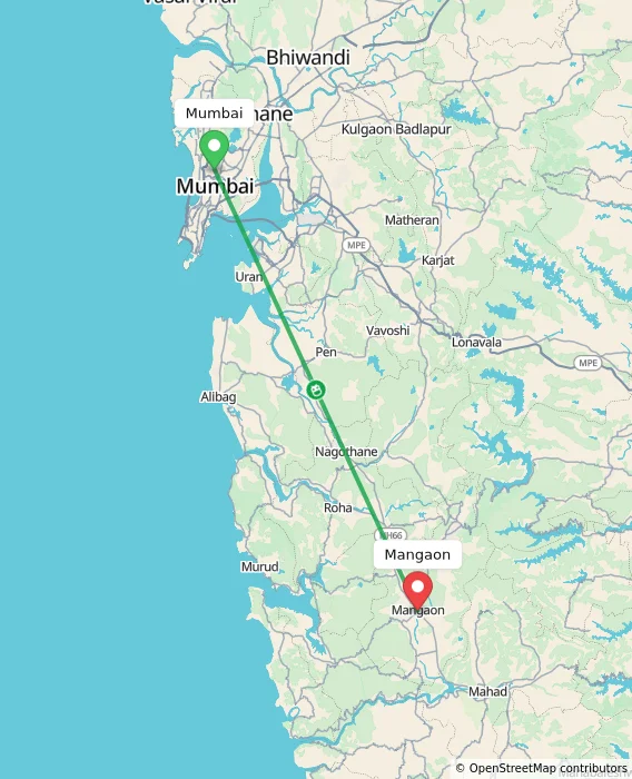 Route map showing distance and travel time from Mumbai, India to Mangaon, India