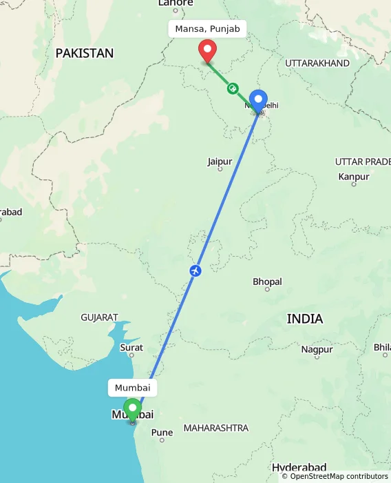 Route map showing distance and travel time from Mumbai, India to Mansa, Punjab, India