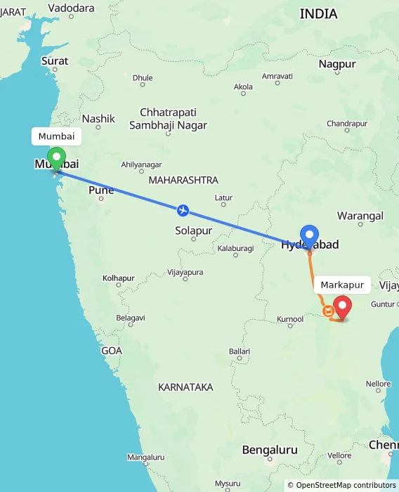 Route map showing distance and travel time from Mumbai, India to Markapur, India