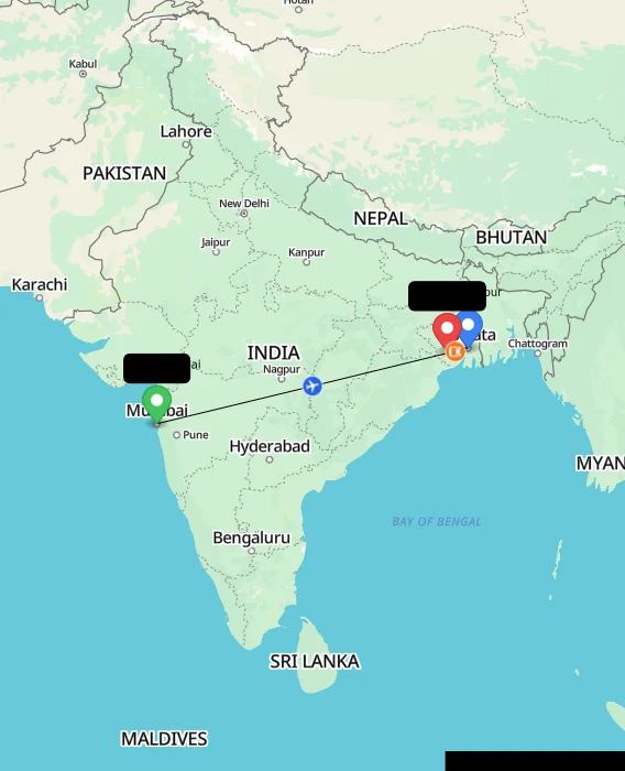 Route map showing distance and travel time from Mumbai, India to Medinipur, India