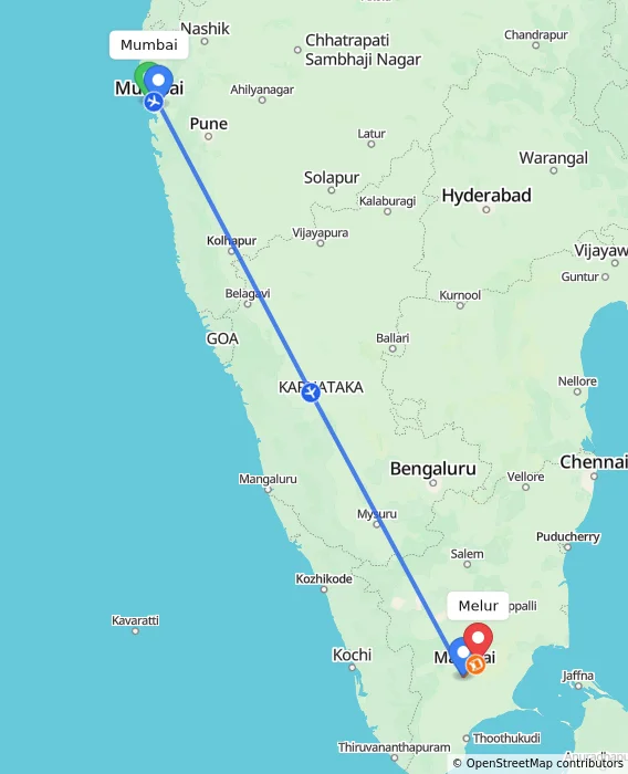 Route map showing distance and travel time from Mumbai, India to Melur, India