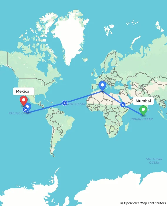 Route map showing distance and travel time from Mumbai, India to Mexicali, Mexico