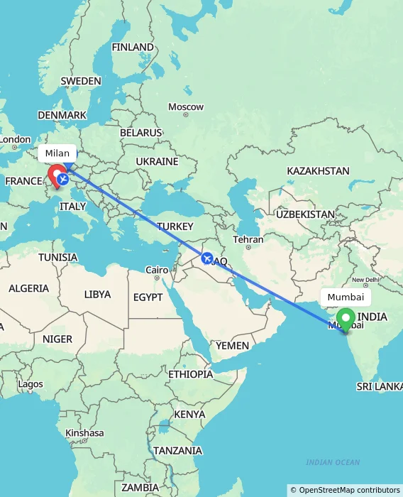 Route map showing distance and travel time from Mumbai, India to Milan, Italy