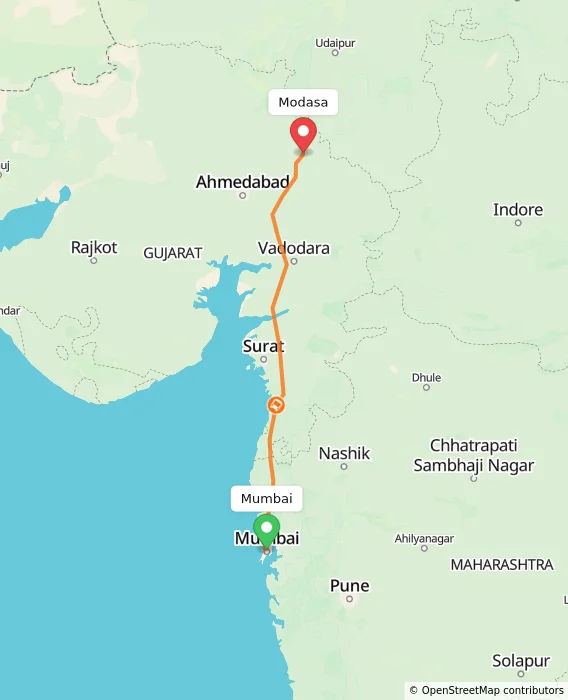 Route map showing distance and travel time from Mumbai, India to Modasa, India