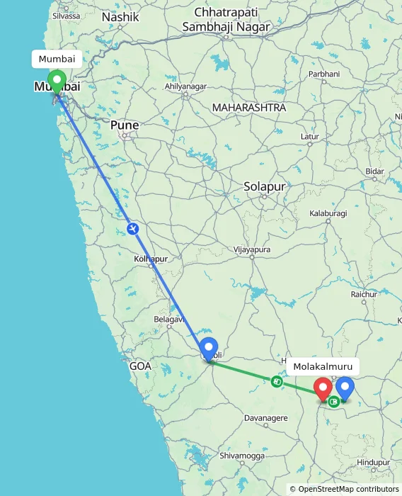 Route map showing distance and travel time from Mumbai, India to Molakalmuru, India