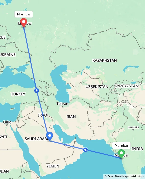 Route map showing distance and travel time from Mumbai, India to Moscow, Russian Federation