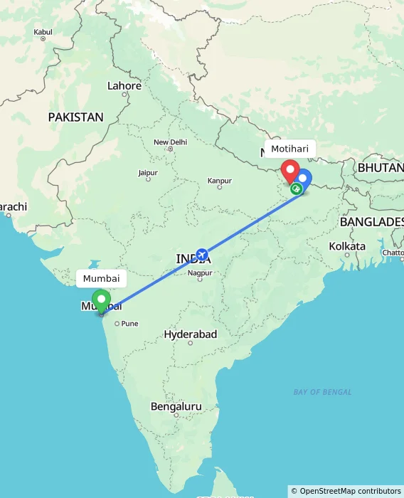 Route map showing distance and travel time from Mumbai, India to Motihari, India