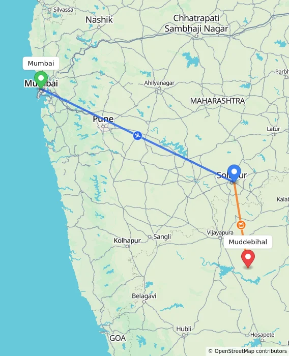 Route map showing distance and travel time from Mumbai, India to Muddebihal, India